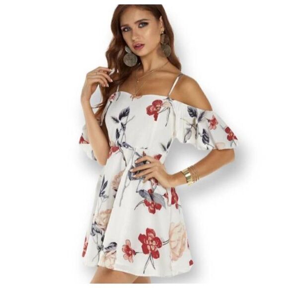 SUCREFAS WHITE & PINK FLORAL COLD SHOULDER DRESS SZ.S EUC. - Picture 3 of 12